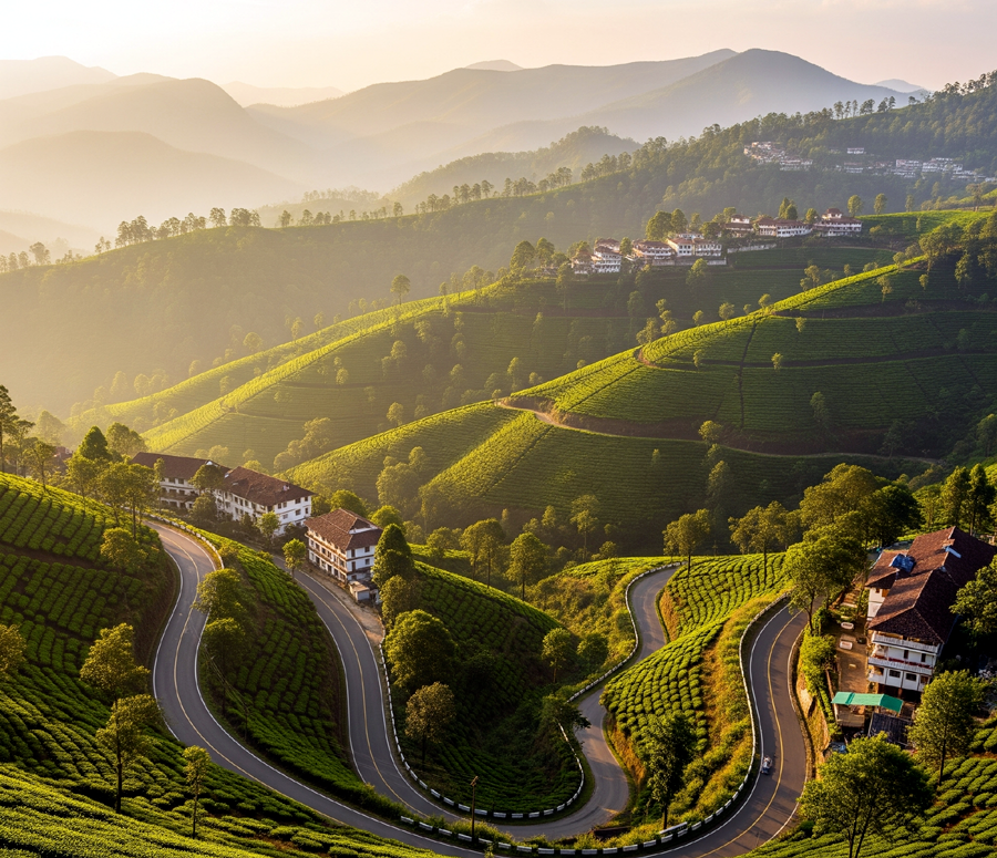 Lush green tea estates in Valparai, Anamalai Hills